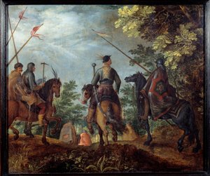 Cavaliers polonais marchant dans un bois. Peinture par Roelant Savery - Roelandt Jacobsz. Savery