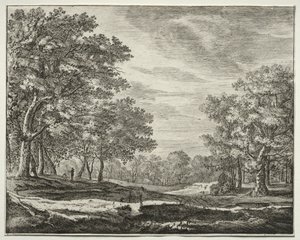 Six vues dans le bois de La Haye : Un homme avec un bâton à la main - Roelant Roghman