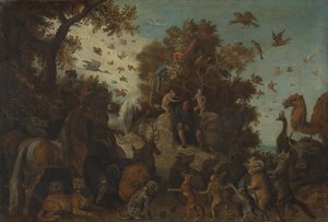 Le poète couronné par deux singes à la fête des animaux - Roelant Savery (workshop of)