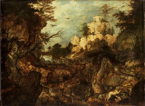 Chasse au sanglier dans un paysage rocheux - Roelant Savery