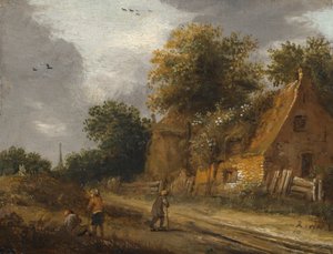 Trois figures passant devant un cottage