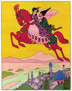 Le cheval les soulève dans les airs, illustration pour "Le cheval magique", tiré des "Mille et une nuits". - Roger Broders
