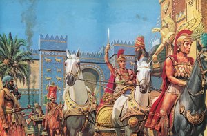 Alexandre le Grand, monté sur son char, entrant en triomphe à Babylone (lithographie en couleurs)