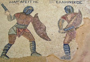 Un combat entre deux gladiateurs, Maison des Gladiateurs, Kourion, Chypre (mosaïque) - Roman