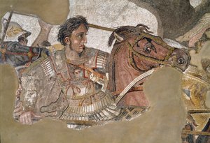 Alexandre le Grand (356 - 323 av. J.-C.) sur son cheval Bucéphale. Mosaïque de la Maison du Faune, Pompéi