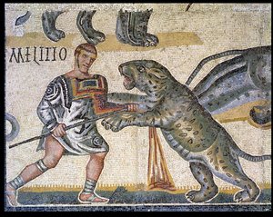 Combat de gladiateurs contre les félins, détail représentant un gladiateur courant à travers un félin, 320 après J.-C.