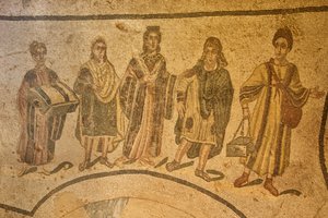 Entrée des thermes, mosaïque de sol, Villa Romana del Casale, Piazza Armerina, Sicile, Italie - Roman