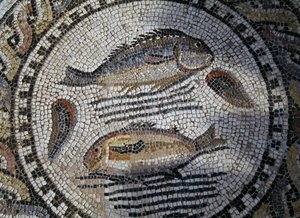 Poisson, mosaïque dans la ville romaine de Volubilis (Liste du patrimoine mondial de l