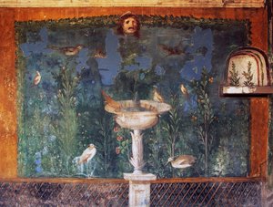 Fresque avec fontaine, masque et oiseaux, Maison de Vénus dans la coquille, Pompéi, Campanie, Italie, civilisation romaine - Roman