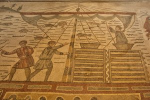 Salle de la Grande Chasse, mosaïque de sol scène de chasse, Villa Romana del Casale, Piazza Armerina, Sicile, Italie (photo) - Roman