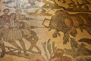 Salle de la Grande Chasse, mosaïque de sol scène de chasse, Villa Romana del Casale, Piazza Armerina, Sicile, Italie - Roman