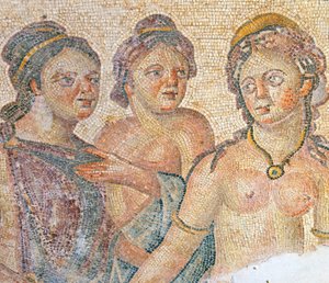 Léda et ses servantes, détail de la mosaïque Léda et Zeus, Maison d