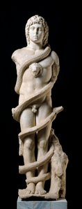 Culte mithriaque : représentation de la divinité Mithra avec Chronos, le serpent enroulé, symbole du temps