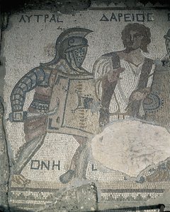 Peinture de deux gladiateurs sur un mur en mosaïque, Kourion, Limassol, Chypre - Roman