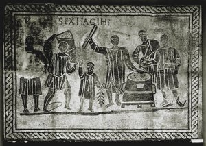 ART ROMAIN : Mesure du grain (maïs). La corvée de maïs que Gaius Gracchus ..., IIe siècle après J.-C. (mosaïque) - Roman