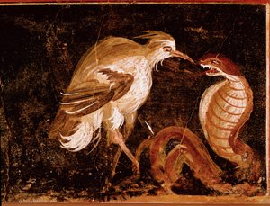 Art romain : Combat entre un héron et un cobra (fresque de la maison des Épigrammes, Pompéi)
