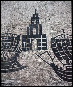 Art romain : «Phare et Navires» Mosaïque de la Corporation des gens de la mer, Place des Corporations - Roman