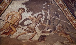 Art romain : Mosaïque des saisons de la cour de la villa de Constantin de "Daphné" représentant deux chasseurs. Détail. Du faubourg d