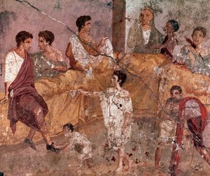 Art romain : « Scène de banquet en plein air » (banquet en plein air) Fresque romaine de la maison du Triclinium, Pompéi (Fresque de la casa del Triclinio, Pompéi) 40-60 après J.-C.