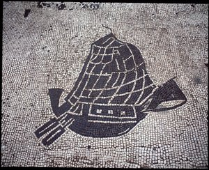 Art romain : "Navire". Mosaïque de la Corporation des gens de la mer, Place des Corporations