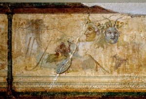 Art romain : Nature morte avec masques de théâtre (détail) - Roman