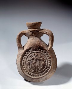 Art romain : ampoule en terre cuite avec pied représentant un saint - Roman