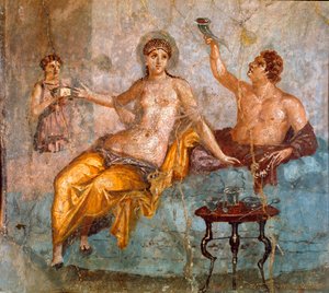 Art romain : scène de banquet, un jeune homme et une courtisane
