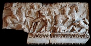 Art romain : fragment de sarcophage en marbre représentant une scène de bataille entre Gaulois et Romains, 20 apr. J.-C. Dim 87x173 cm Mantoue, Palazzo Ducale, Coll