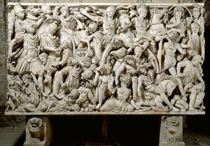 Art romain : sarcophage Ludovisi avec scène de bataille opposant les Romains aux barbares - 3ème siècle après J.-C., Dim. 153x273 cm - Rome, Museo Nazionale Romano - Ostiliano, fils de l