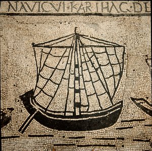 Art romain : navire de charge. Mosaïque du 3ème siècle apr. J.-C. Ostie, Piazzale delle Corporazioni. Italie - Art romain : un navire chargé de marchandises. Mosaïque au sol. 3ème siècle av. J.-C. Piazzale delle Corporazioni, Ostie, Italie - Roman