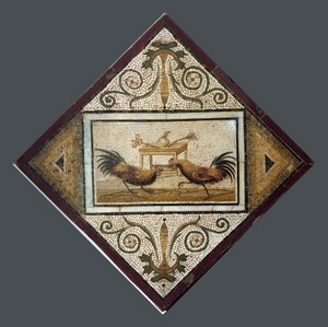 Art romain : combat de coqs. Mosaïque de Pompéi. 4ème style. Musée Archéologique National, Naples