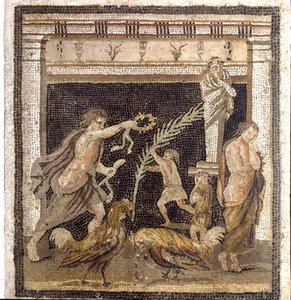 Art romain : combat de coqs dans une palestra en présence des personnifications de la Défaite et de la Victoire. Mosaïque de la Villa du Labyrinthe à Pompéi. 2ème style. Dim. 46x42 cm Musée Archéologique National, Naples - Roman