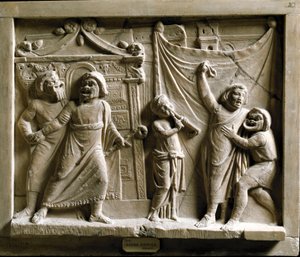 Art romain : scène de théâtre comique de la pièce « Andria » de Térence (Publius Terentius Afer) (185-159 av. J.-C.), relief de Pompéi - Musée Archéologique National Naples - Roman