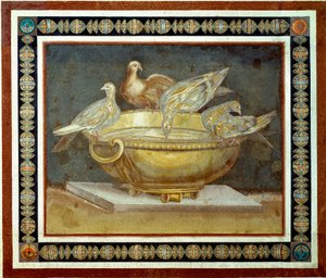 Art romain : quatre colombes buvant à une fontaine. Villa Adriana à Tivoli. 2ème siècle après J.-C. Rome, Musei Capitolini - Roman