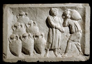 Art romain : « chargement et arrimage des amphores à vin ». Bas-relief. 2ème siècle après J.-C. Rome, Musée de la civilisation romaine - Roman
