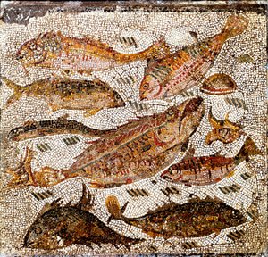 Art romain : mosaïque représentant des poissons. 1er ou 2ème siècle après J.-C. De la Villa dei Settimii sur la Via Cassia. Rome, Museo Nazionale Romano - Roman