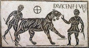 Art romain : « deux femmes domptant un tigre ». Mosaïque de Castro Pretorio à Rome. 1er siècle après J.-C. Rome, Musée national romain - Roman