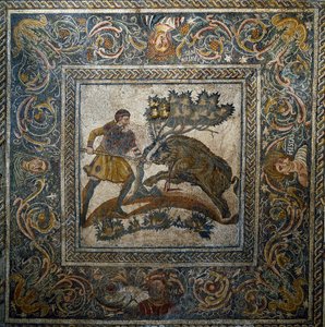 Art romain : chasse au sanglier. Mosaïque du 4ème siècle après J.-C. de la villa romaine de Las Tiendas. Mérida, Museo Nacional de Arte Romano, Espagne - Roman