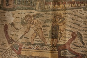 Portique semi-circulaire, mosaïque de sol, Villa Romana del Casale, Piazza Armerina, Sicile, Italie (photo) - Roman