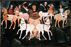 Le consul romain Iulius Annius Bassus représenté sur un quadrige (détail) de la plaque de sectile opus datant du IVe siècle. Basilique de Junius Bassus (Basilica Iunii Bassi), Esquilin à Rome. Conservé au Musée des Conservateurs, Rome - Roman