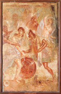 Ulysse et Diomède reconnaissant Achille déguisé en Pyrrha parmi les filles de Lycomède à Skyros, de Pompéi - Roman
