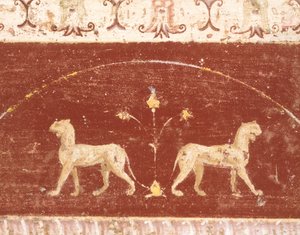 Décoration de fresque de la salle du Tablino, Maison de Marcus Lucretius Fronto, Pompéi, Campanie, Civilisation romaine
