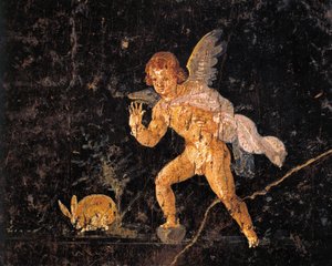 Fresque représentant Cupidon chassant un lièvre, de Pompéi, Italie - Roman Roman
