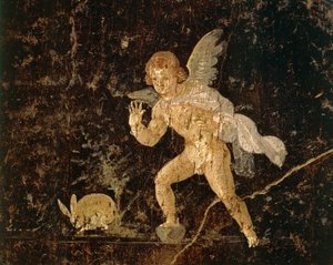 Fresque représentant Cupidon chassant un lièvre de Pompéi - Roman Roman