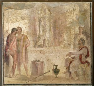 Italie, Campanie, Pompéi, Maison des Cupidons Dorés, Oreste et Pylade devant Iphigénie, fresque