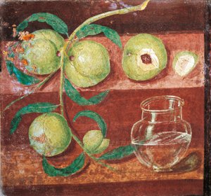 Italie, Naples, Nature morte avec branche de pêche, fresque de Pompéi