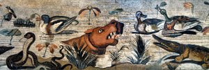 Frise en mosaïque de Pompéi (maison de la faune, casa del Fauno - scène nilotique - vie animale sur le Nil : hippopotame, crocodile, serpent, canards - art romain - Musée archéologique de Naples, Italie - Museo Archeologico Nazionale, Napoli, Italia - Phot - Roman Roman