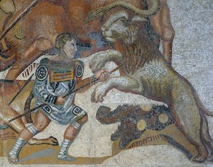 Mosaïque montrant une scène de chasse aux bêtes sauvages (détail)