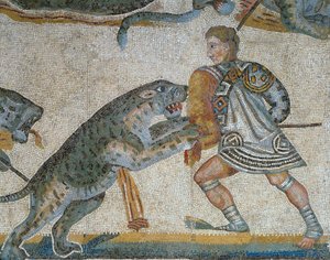 Mosaïque montrant une scène de chasse aux bêtes sauvages (détail)