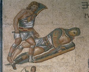 Mosaïque montrant une scène de gladiateurs combattants (détail) - Roman Roman